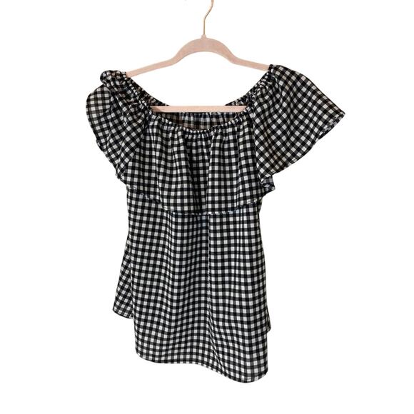 Sanctuary Off Shoulder MinimalistGingham Checkered  Blouse - Picture 1 of 4